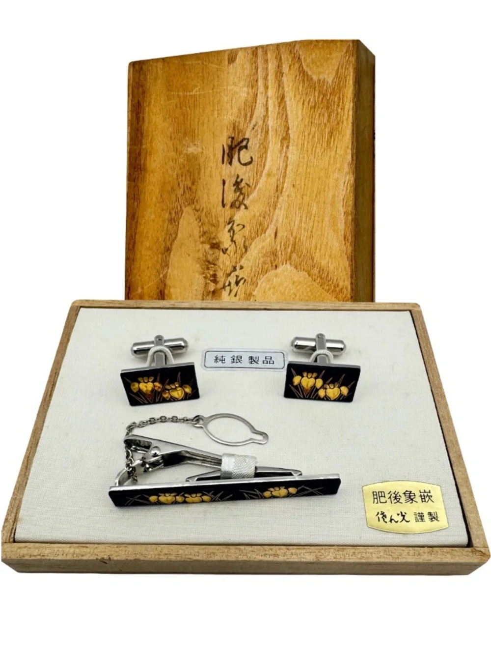 Vtg Japanese Higo Zogan Silver Cufflinks Tie Clip Set Gold Inlay Mens Gift Box